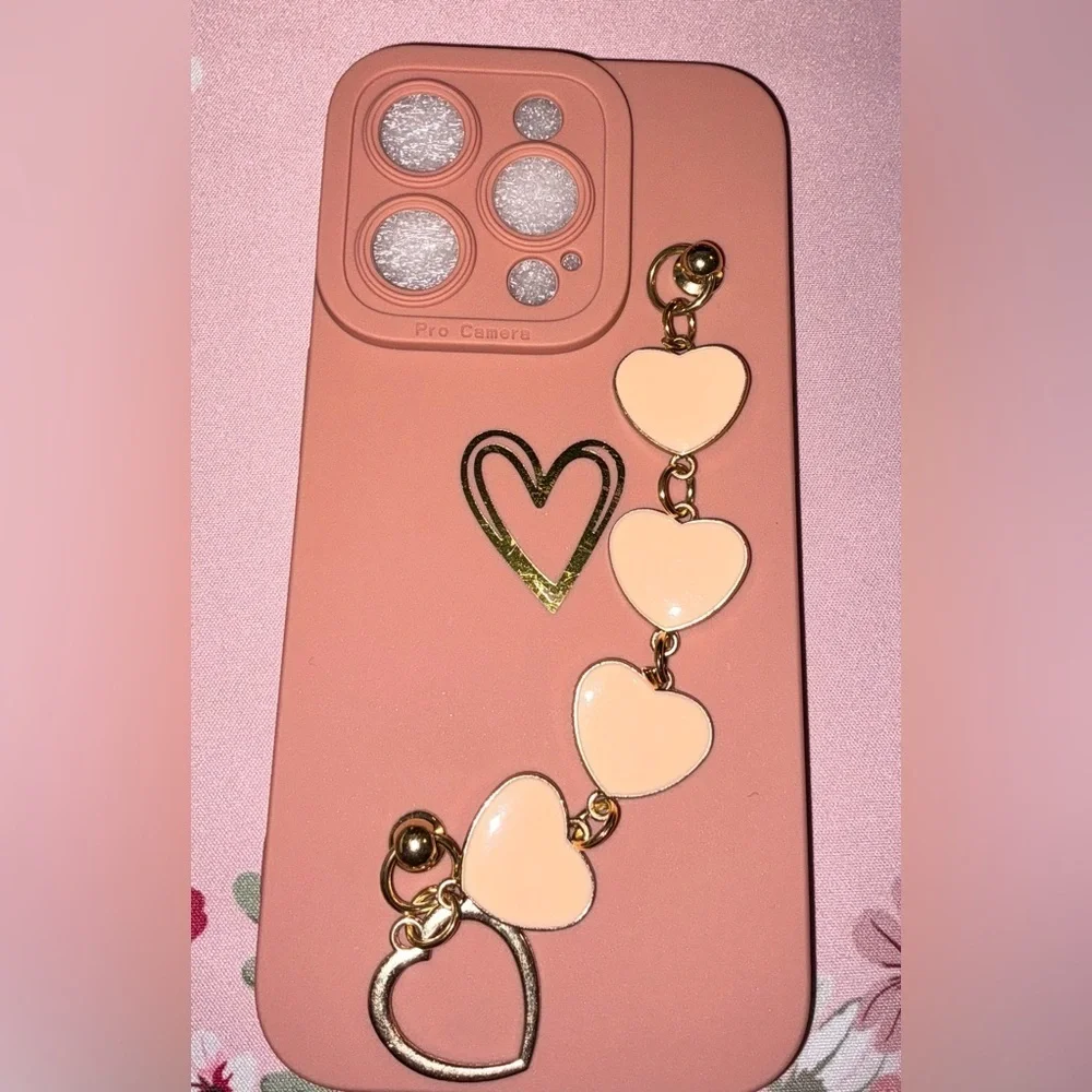 Pink Heart Phone Case with Gold Accent Charms / I Phone 15 Pro